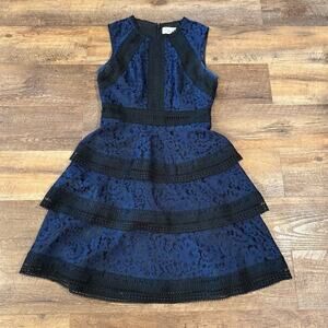 Eliza J Navy Blue Black Lace Dress 2 Tiered Wedding Guest Cocktail Party NYE